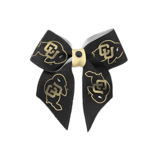Black pet bow with repeating gold CU Buffaloes logos and cream center accent.